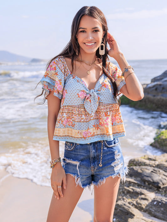 Printed Sweetheart Neck Layered Short Sleeve Blouse - The Goddess Galleries
