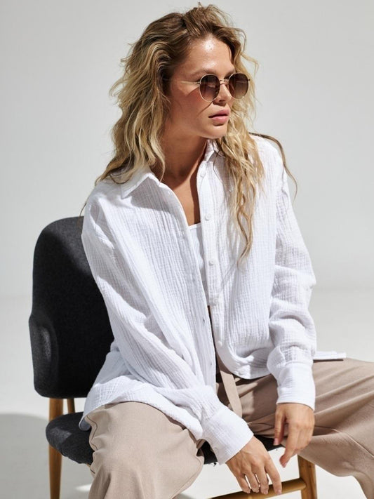 Textured Collared Neck Long Sleeve Shirt - The Goddess Galleries