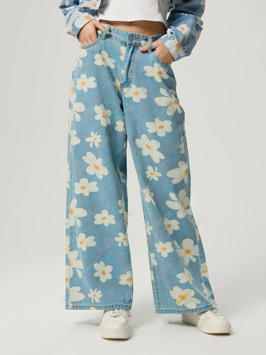 Pocketed Floral Wide Leg Jeans - The Goddess Galleries
