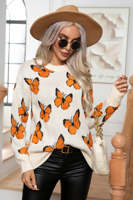 Butterfly Round Neck Long Sleeve Sweater - The Goddess Galleries