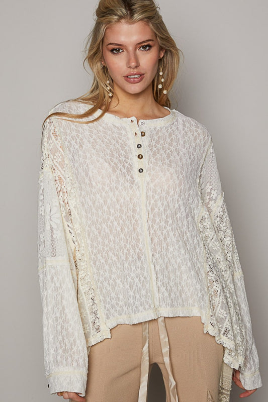 POL Round Neck Long Sleeve Raw Edge Lace Top - The Goddess Galleries