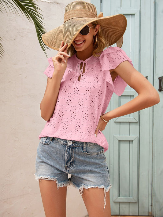 Ivy Lane Eyelet Tie Neck Flutter Sleeve Blouse - The Goddess Galleries