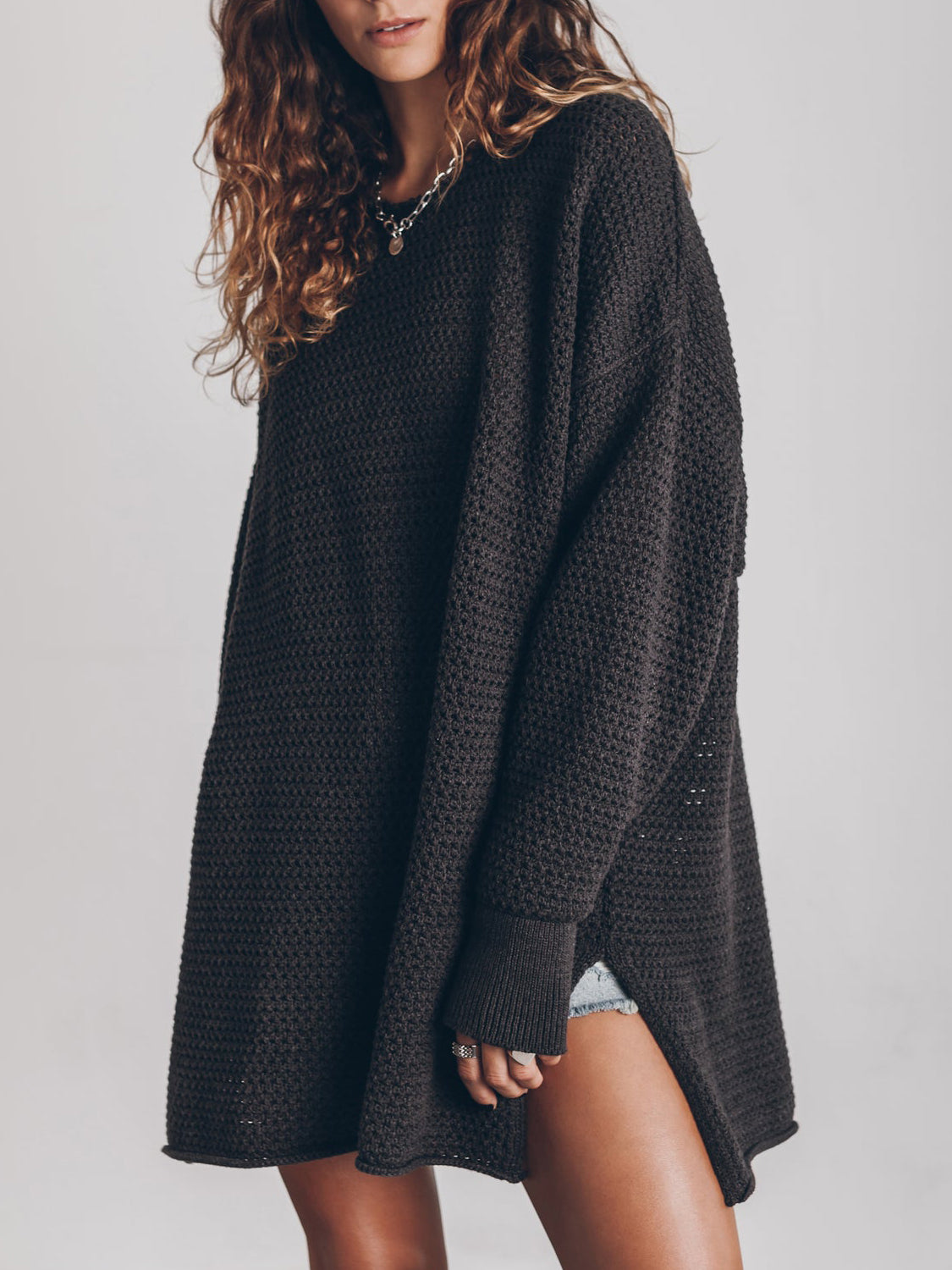 Openwork Round Neck Long Sleeve Slit Sweater - The Goddess Galleries