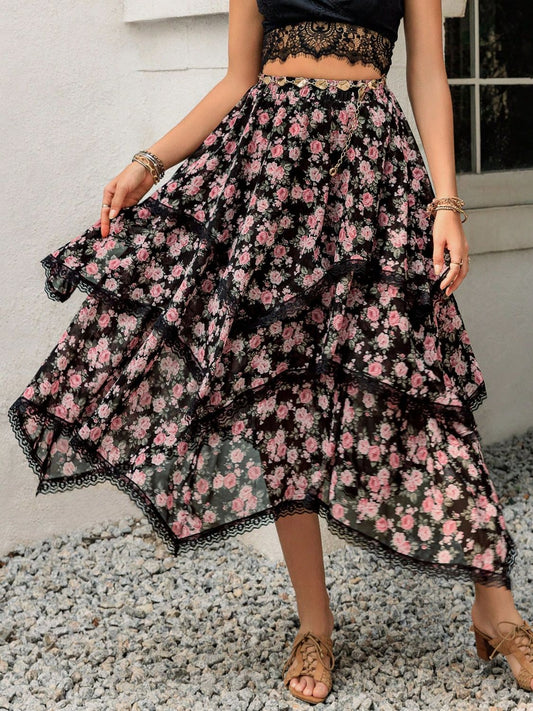 Lace Detail Layered Printed Skirt - The Goddess Galleries