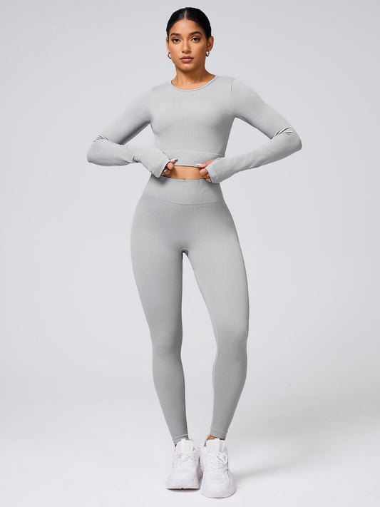 Back Crisscross Round Neck Long Sleeve Top and Leggings Active Set - The Goddess Galleries