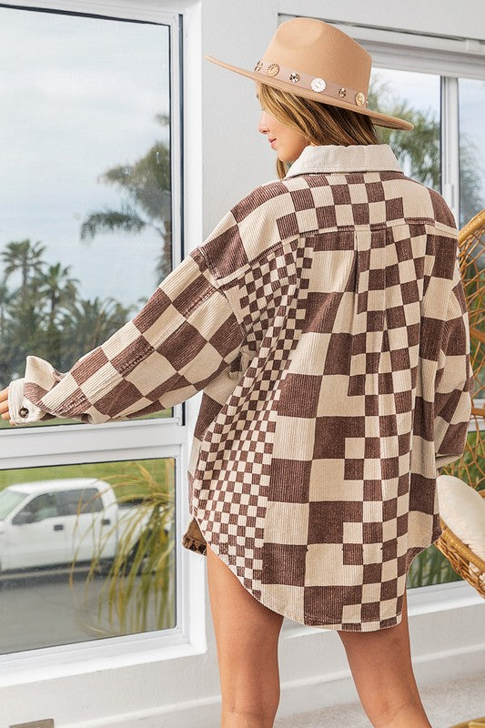 BiBi Checkered Button Down Corduroy Shacket - The Goddess Galleries