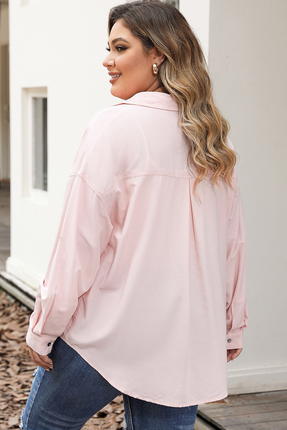 Plus Size Collared Neck Button Front Long Sleeve Shirt - The Goddess Galleries