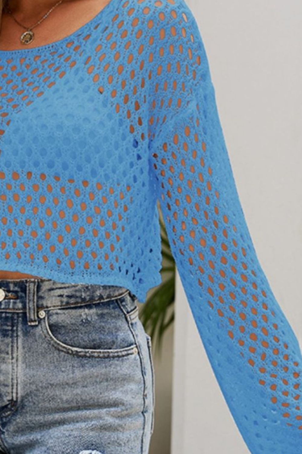Openwork Round Neck Dropped Shoulder Knit Top - The Goddess Galleries