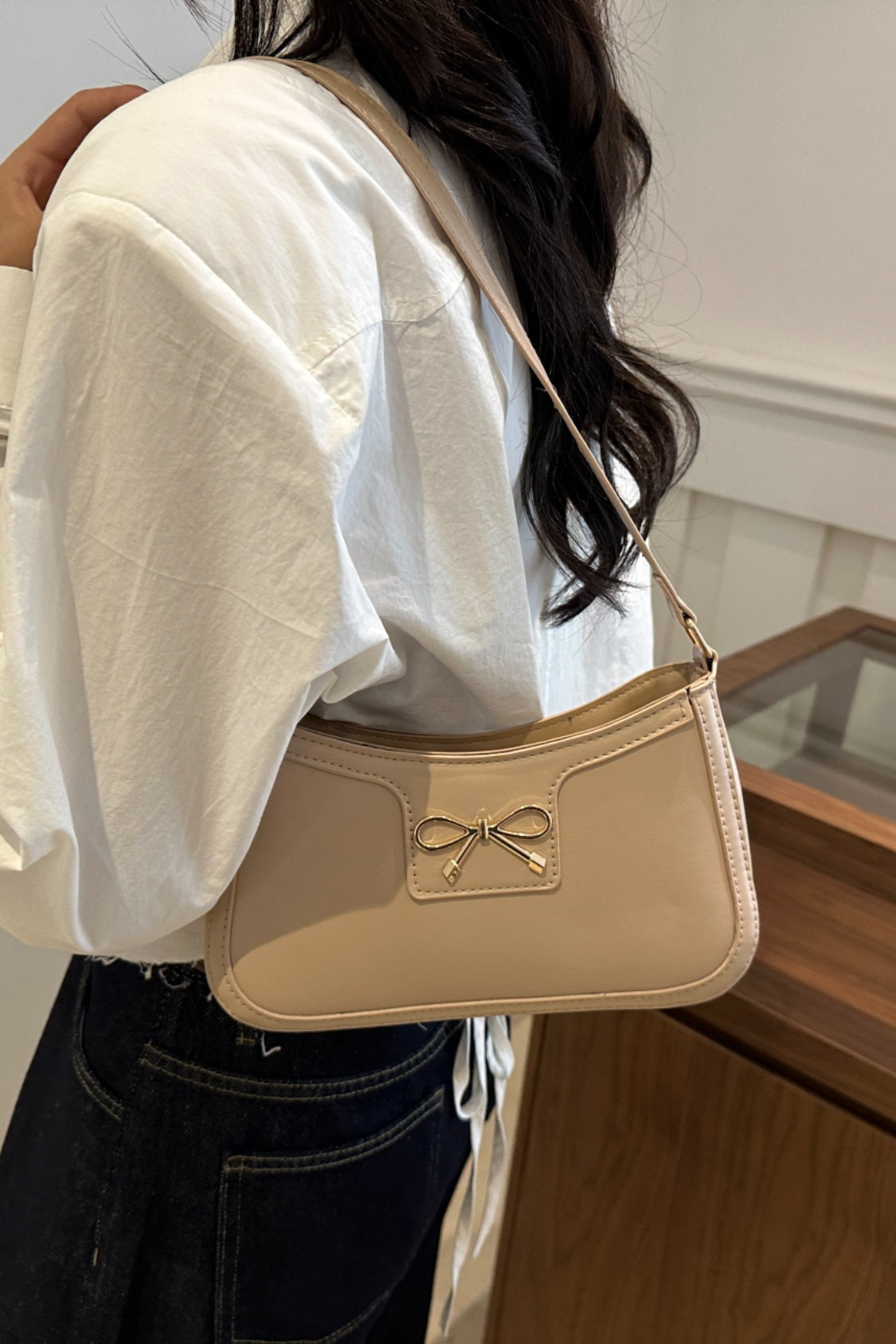 Bow Trim PU Leather Shoulder Bag - The Goddess Galleries