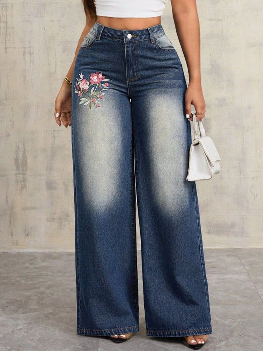 Embroidered Wide Leg Jeans - The Goddess Galleries