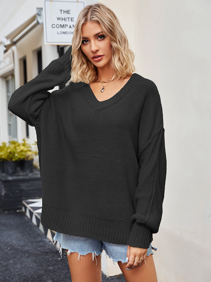 V-Neck Ribbed Dropped Shoulder Knit Top - The Goddess Galleries