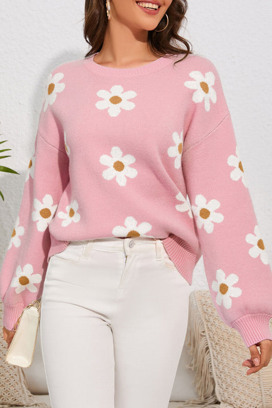 Flower Round Neck Dropped Shoulder Sweater - The Goddess Galleries