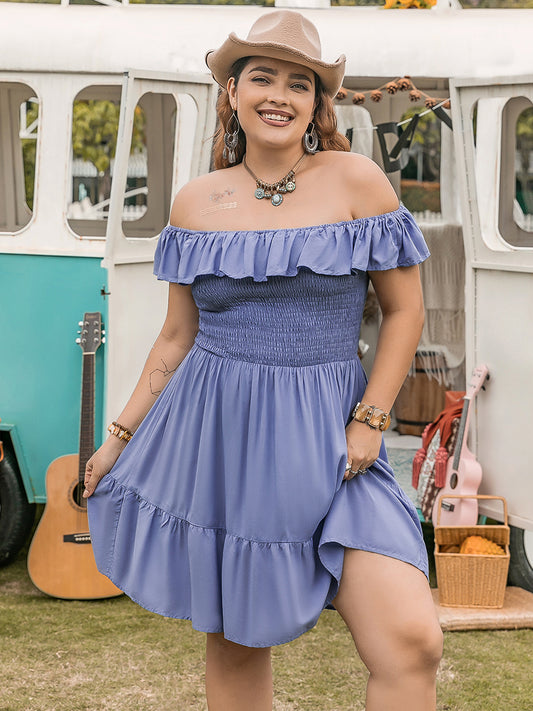 Plus Size Ruffled Smocked Off-Shoulder Mini Dress - The Goddess Galleries