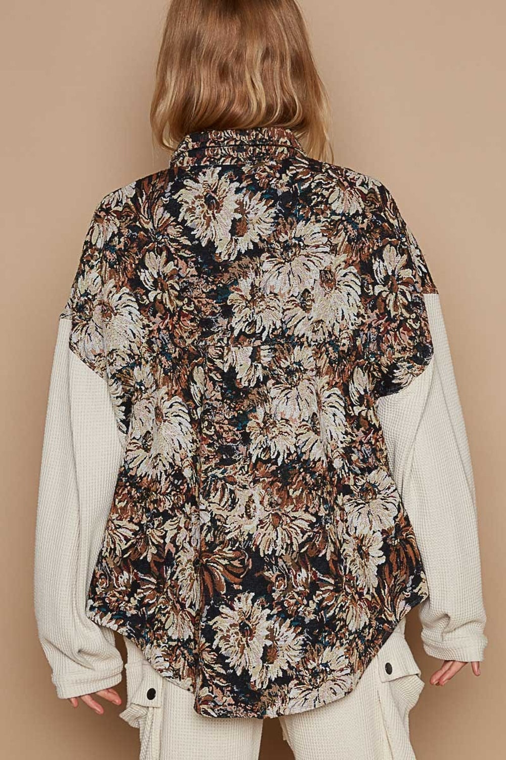 POL Contrast Sleeves Button Down Floral Jacquard Shirt - The Goddess Galleries