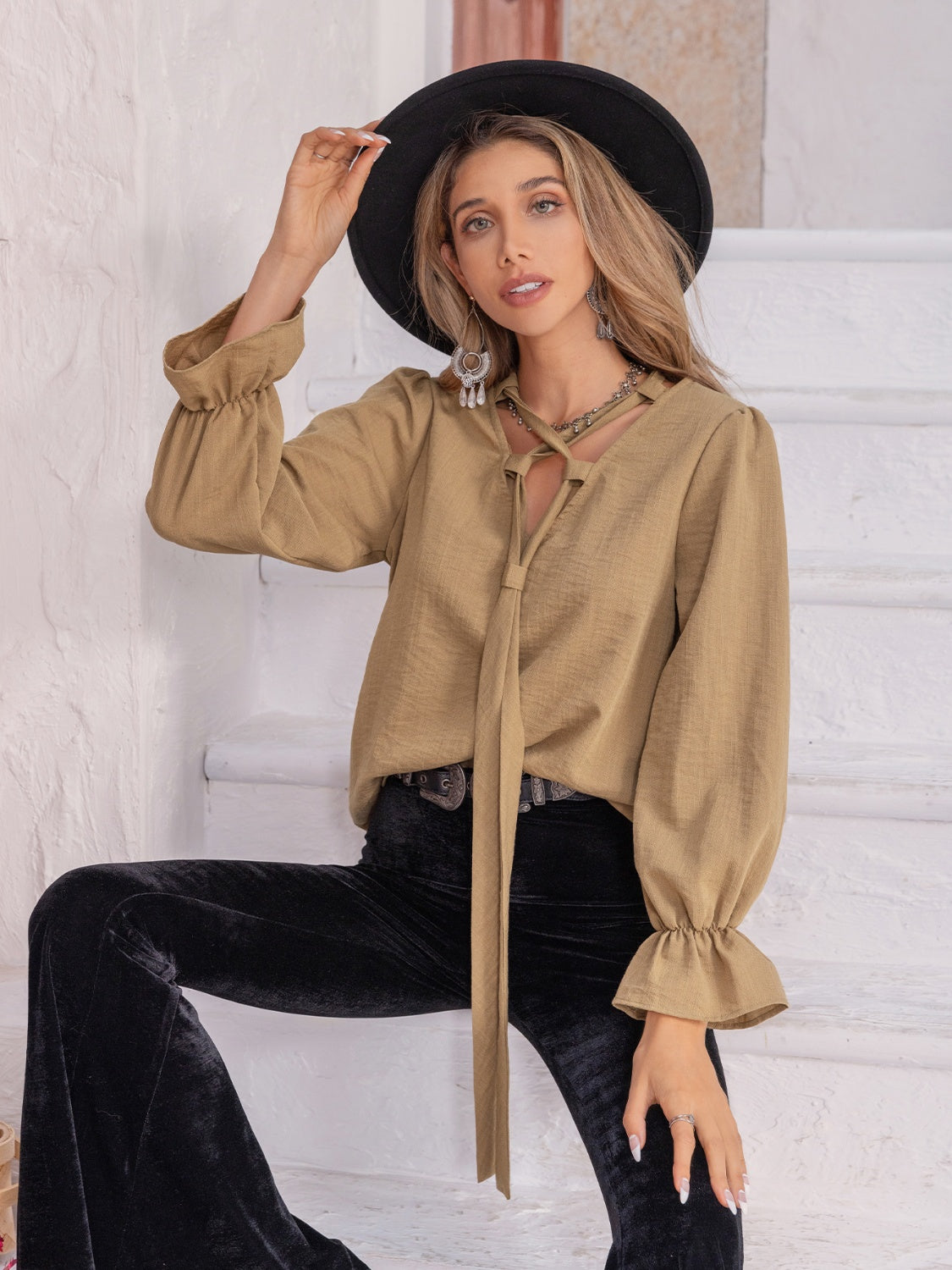 Ruched Flounce Sleeve Blouse - The Goddess Galleries