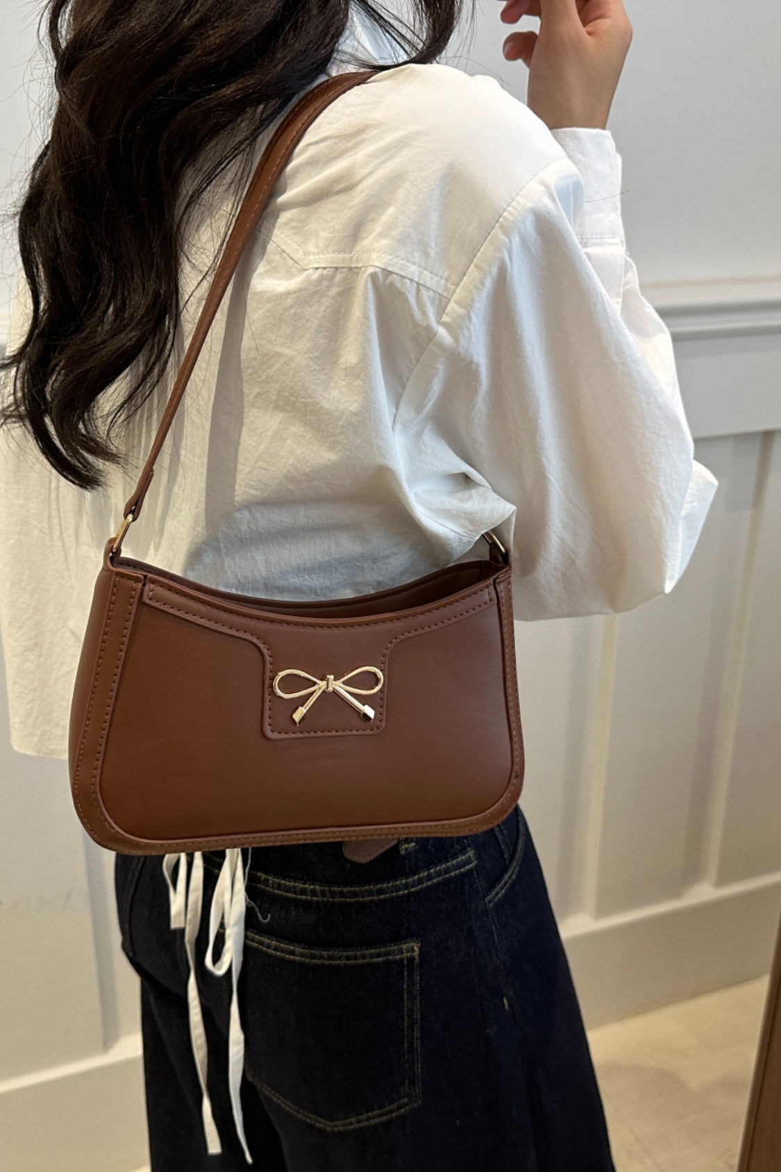 Bow Trim PU Leather Shoulder Bag - The Goddess Galleries