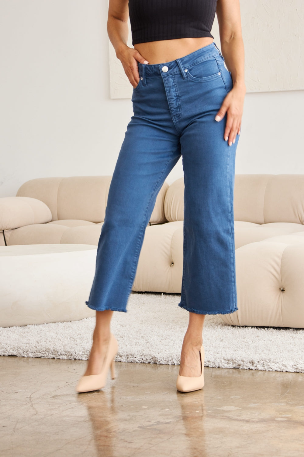 RFM Crop Chloe Full Size Tummy Control High Waist Raw Hem Jeans - The Goddess Galleries