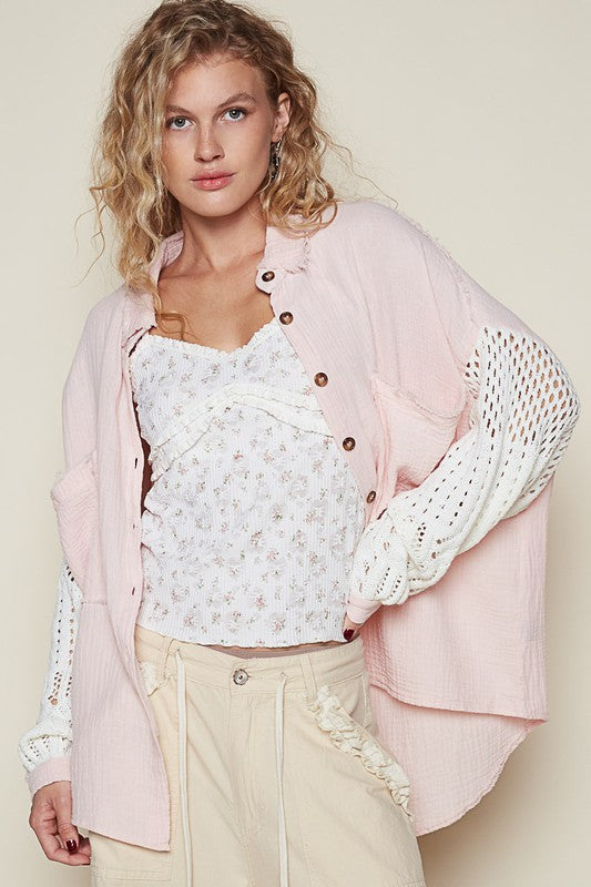 POL Openwork Lantern Sleeve Button Down Gauze Shirt - The Goddess Galleries