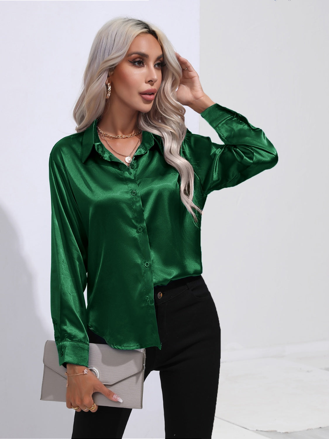 Collared Neck Buttoned Long Sleeve Shirt - The Goddess Galleries
