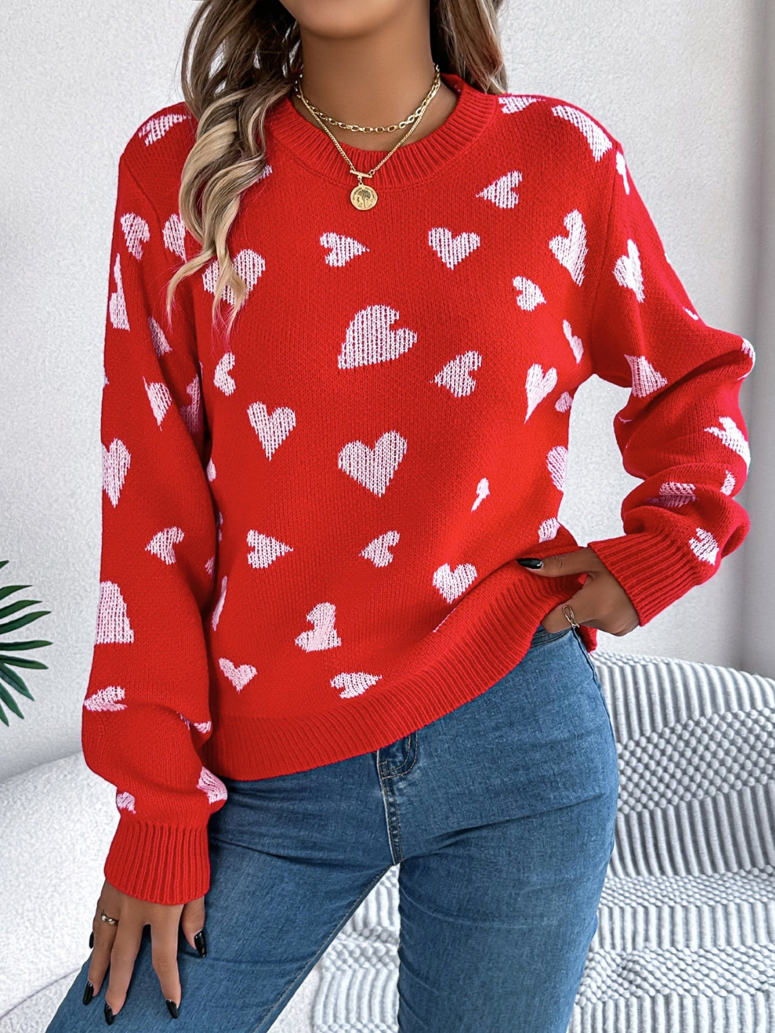 Heart Round Neck Long Sleeve Sweater - The Goddess Galleries