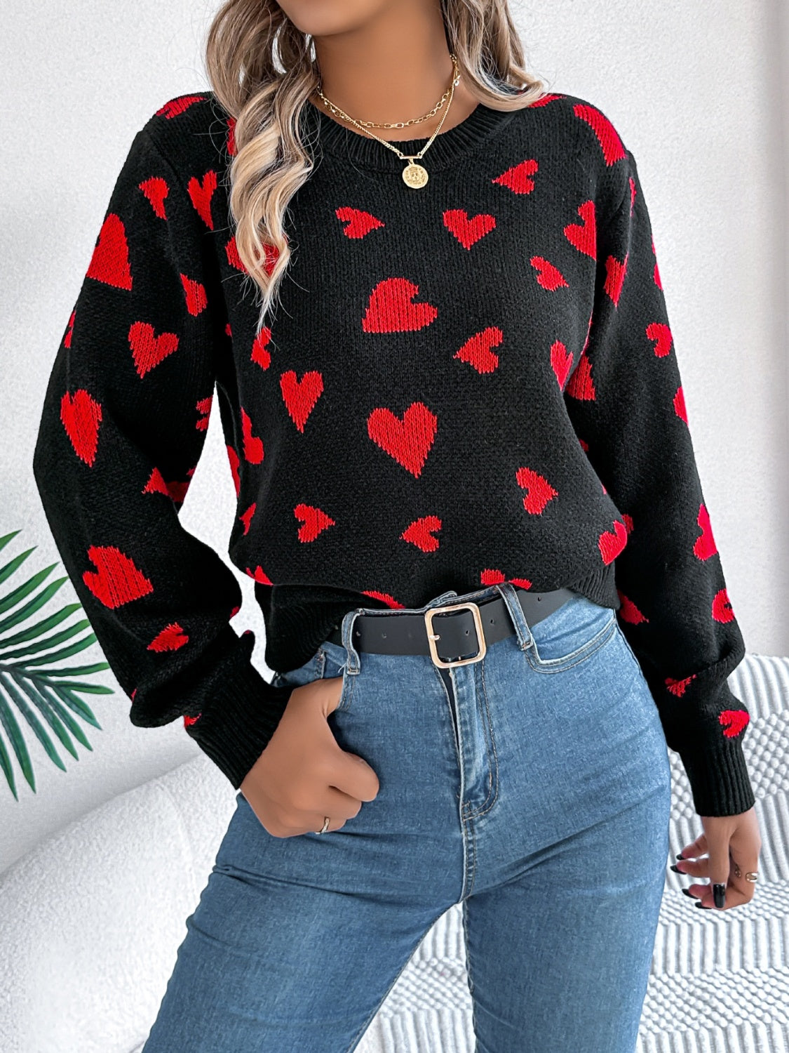 Heart Round Neck Long Sleeve Sweater - The Goddess Galleries