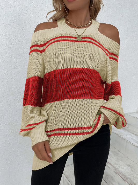 Color Block Striped Cold Shoulder Sweater - The Goddess Galleries
