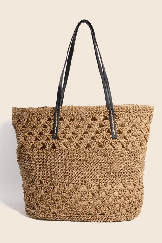 Fame Faux Leather Handle Knitted Tote Bag - The Goddess Galleries