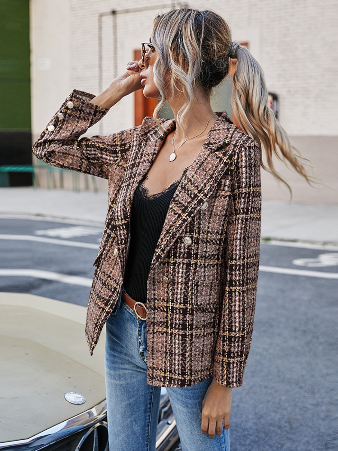 Full Size Plaid Lapel Collar Blazer - The Goddess Galleries