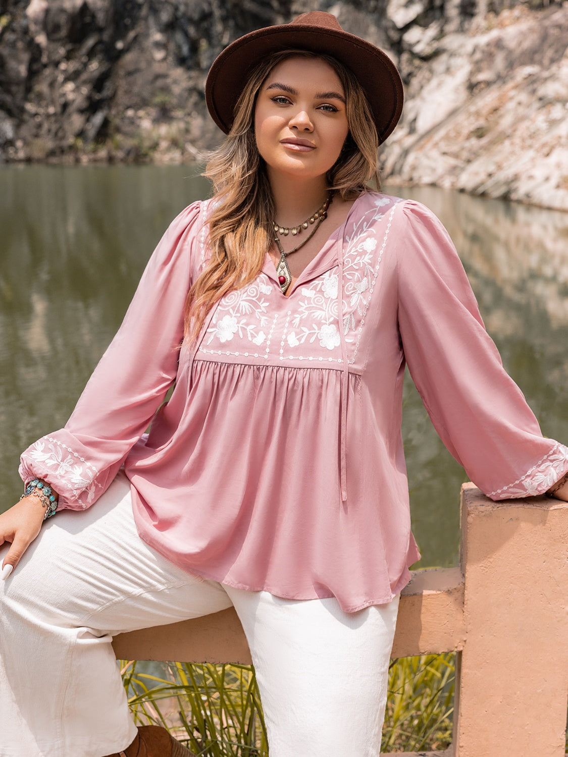 Plus Size Tie Neck Puff Sleeve Blouse - The Goddess Galleries