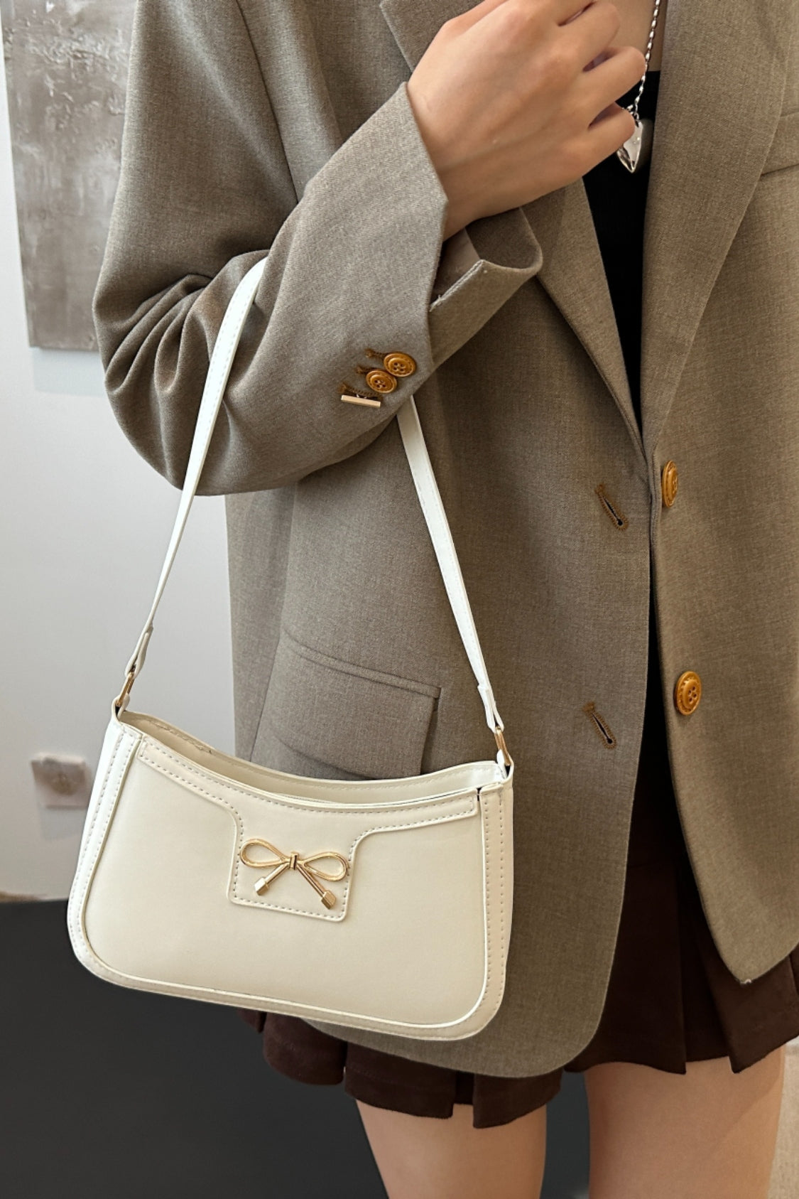 Bow Trim PU Leather Shoulder Bag - The Goddess Galleries