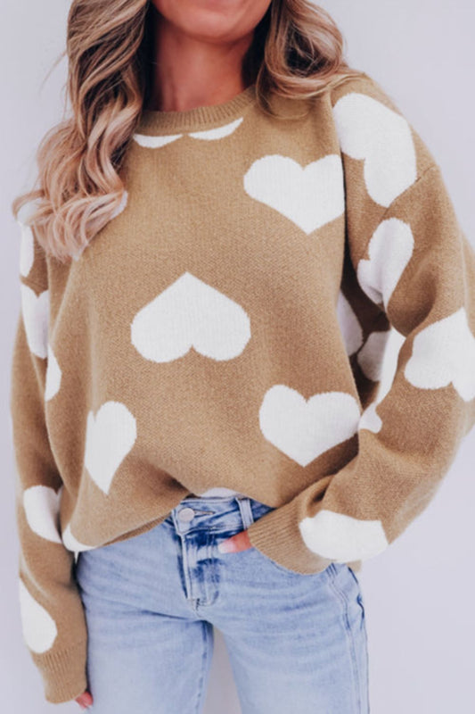 Heart Round Neck Long Sleeve Sweater - The Goddess Galleries
