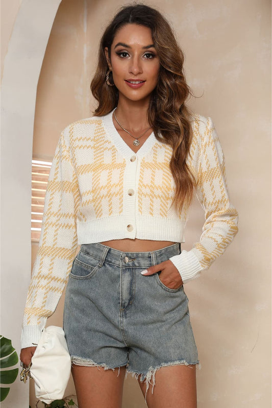 V-Neck Cropped Button-Up Cardigan - The Goddess Galleries