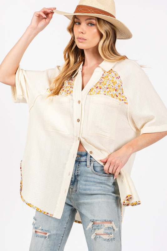 SAGE + FIG Full Size Floral Detail Button Up Short Sleeve Shirt - The Goddess Galleries