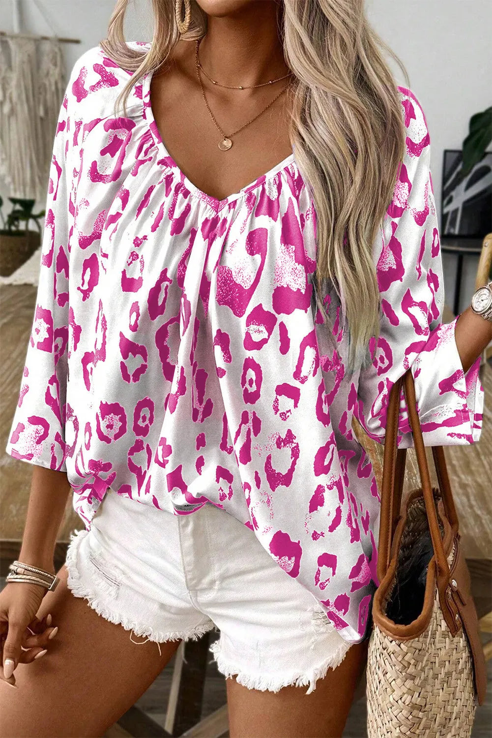 Leopard V-Neck Three-Quarter Sleeve Blouse - The Goddess Galleries