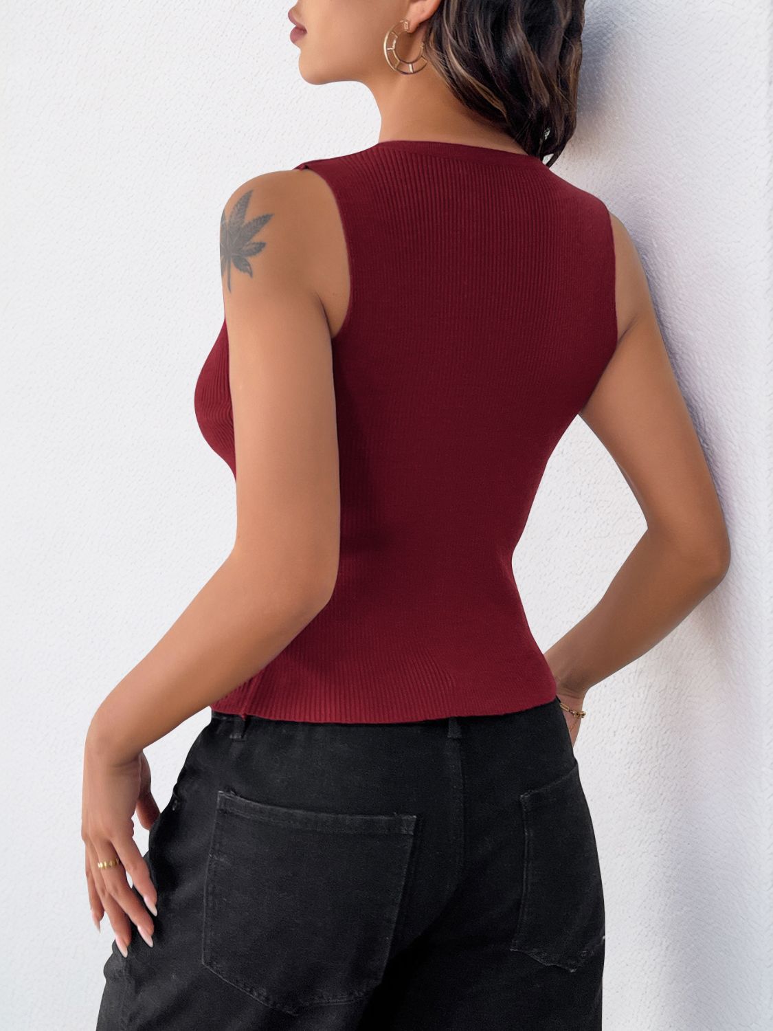 Perfee Ribbed Knot Button Cropped Tank - The Goddess Galleries