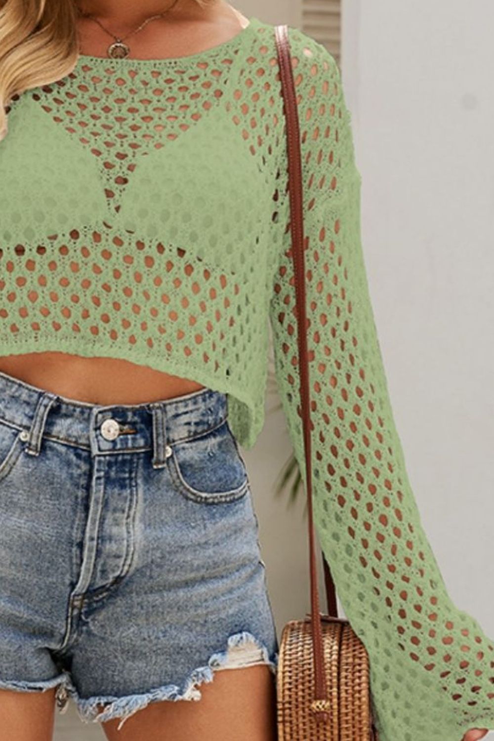 Openwork Round Neck Dropped Shoulder Knit Top - The Goddess Galleries