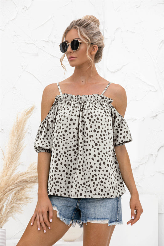 Printed Cold-Shoulder Frill Trim Blouse - The Goddess Galleries
