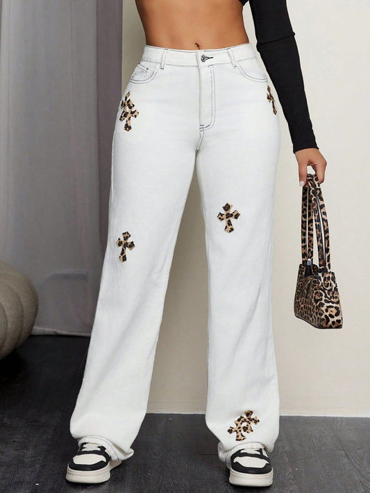 Leopard Cross Detail Straight Leg Jeans - The Goddess Galleries