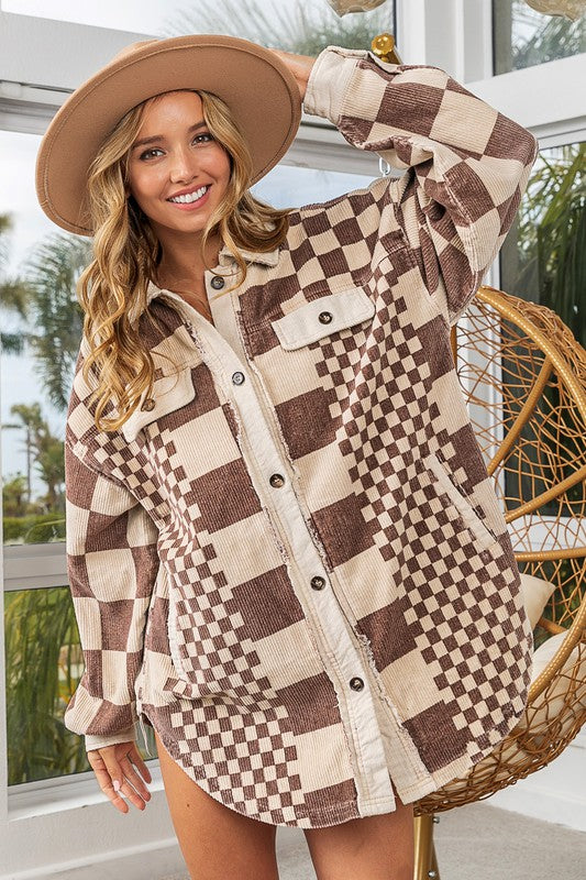 BiBi Checkered Button Down Corduroy Shacket - The Goddess Galleries