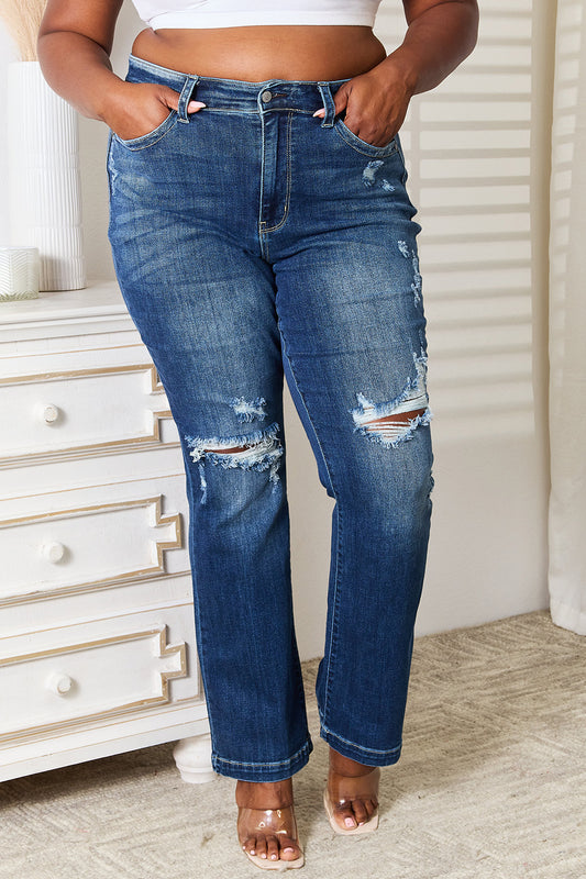 Judy Blue Full Size Mid Rise Hand Sand & Destroy Bootcut Jeans - The Goddess Galleries