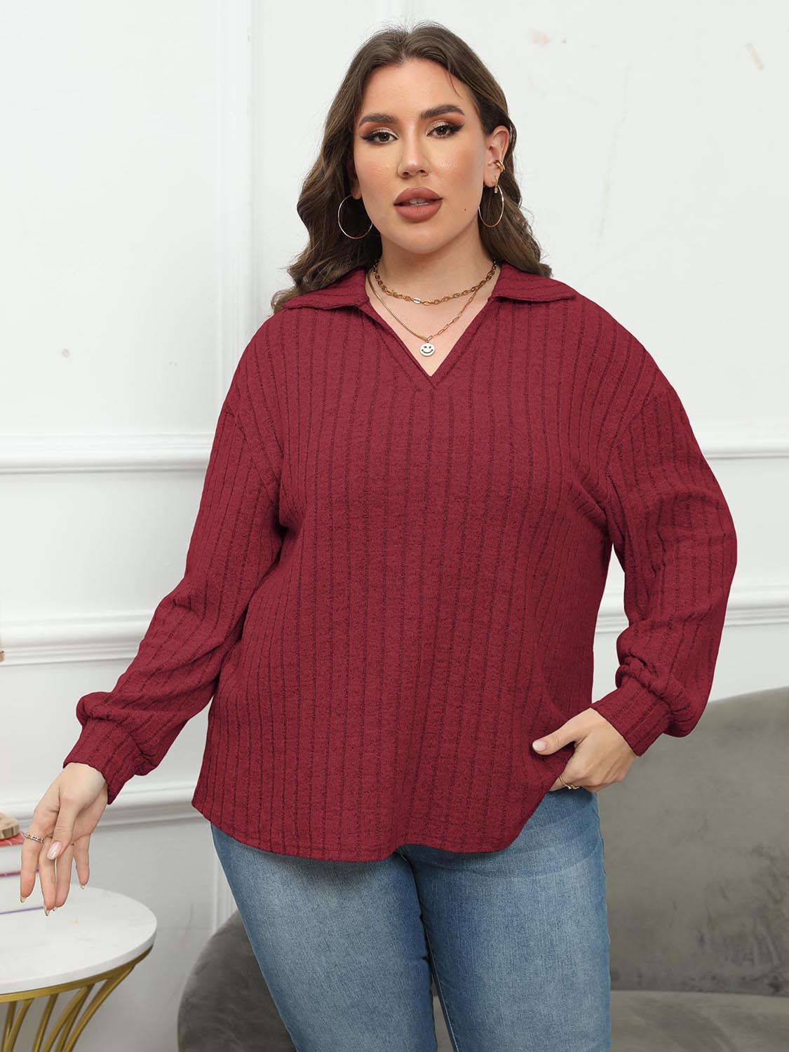 Plus Size Ribbed Collared Neck Long Sleeve Blouse - The Goddess Galleries