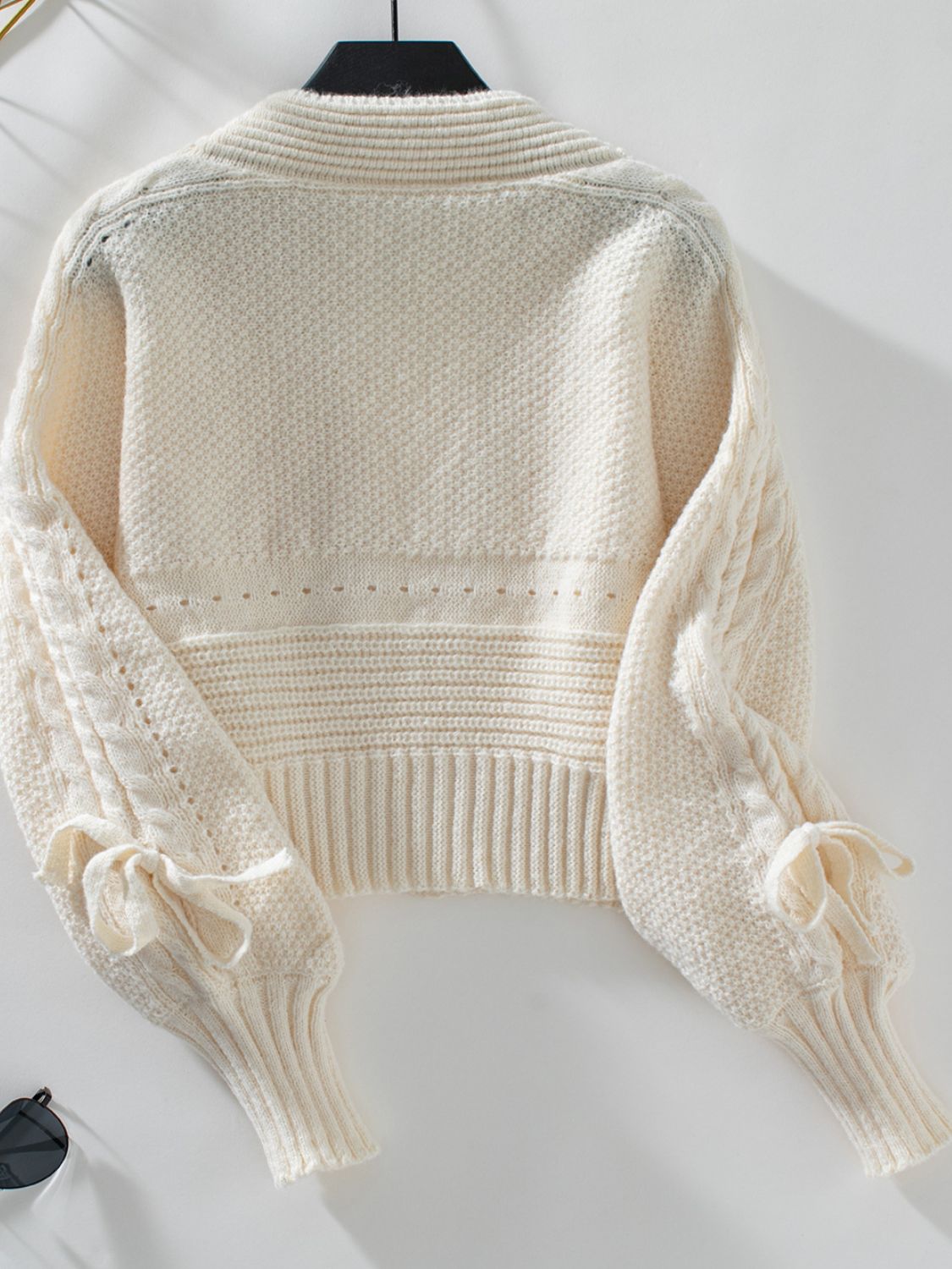 Cable-Knit Tied Open Front Lantern Sleeve Cardigan - The Goddess Galleries