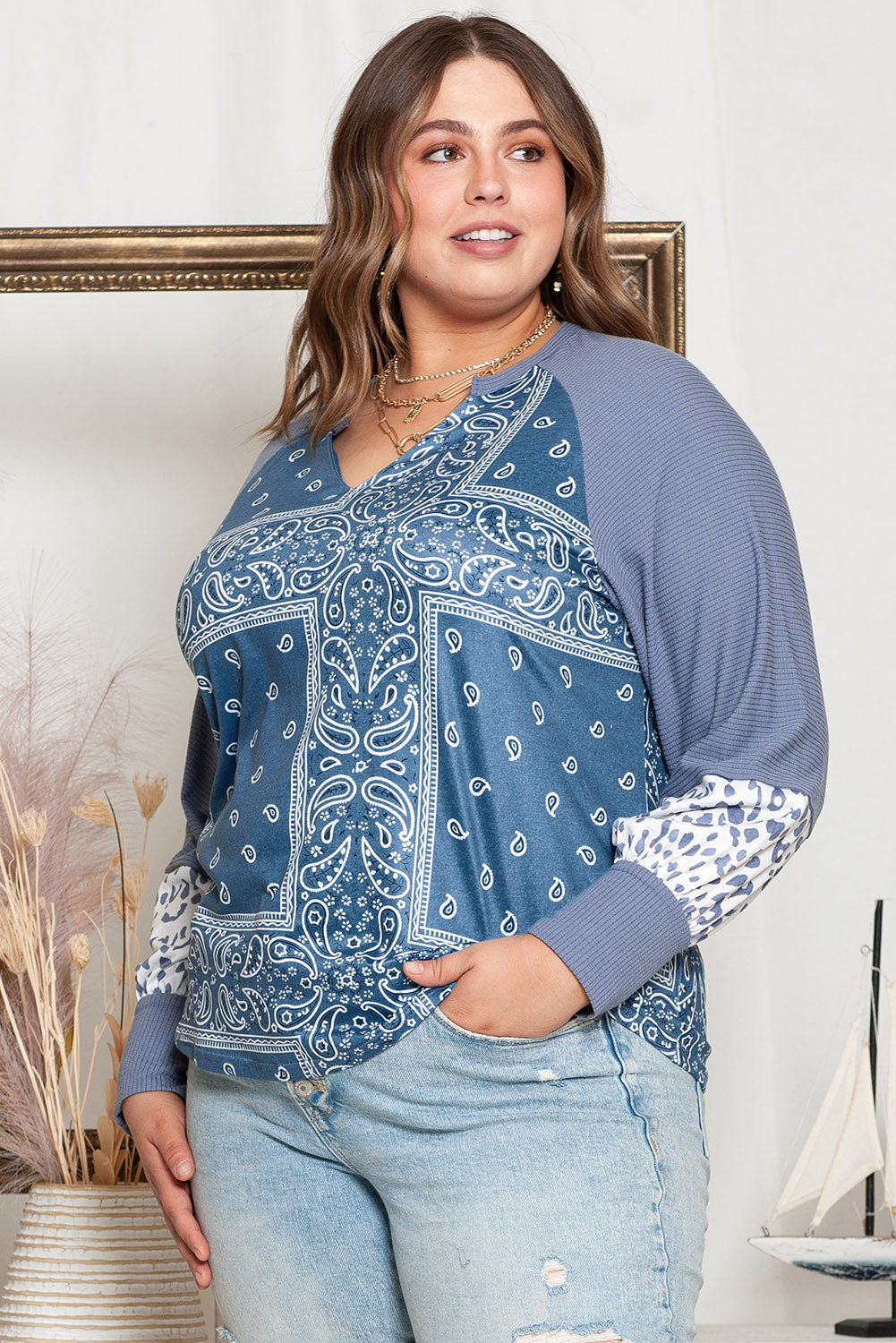 Plus Size V-Neck Printed Raglan Sleeve Blouse - The Goddess Galleries