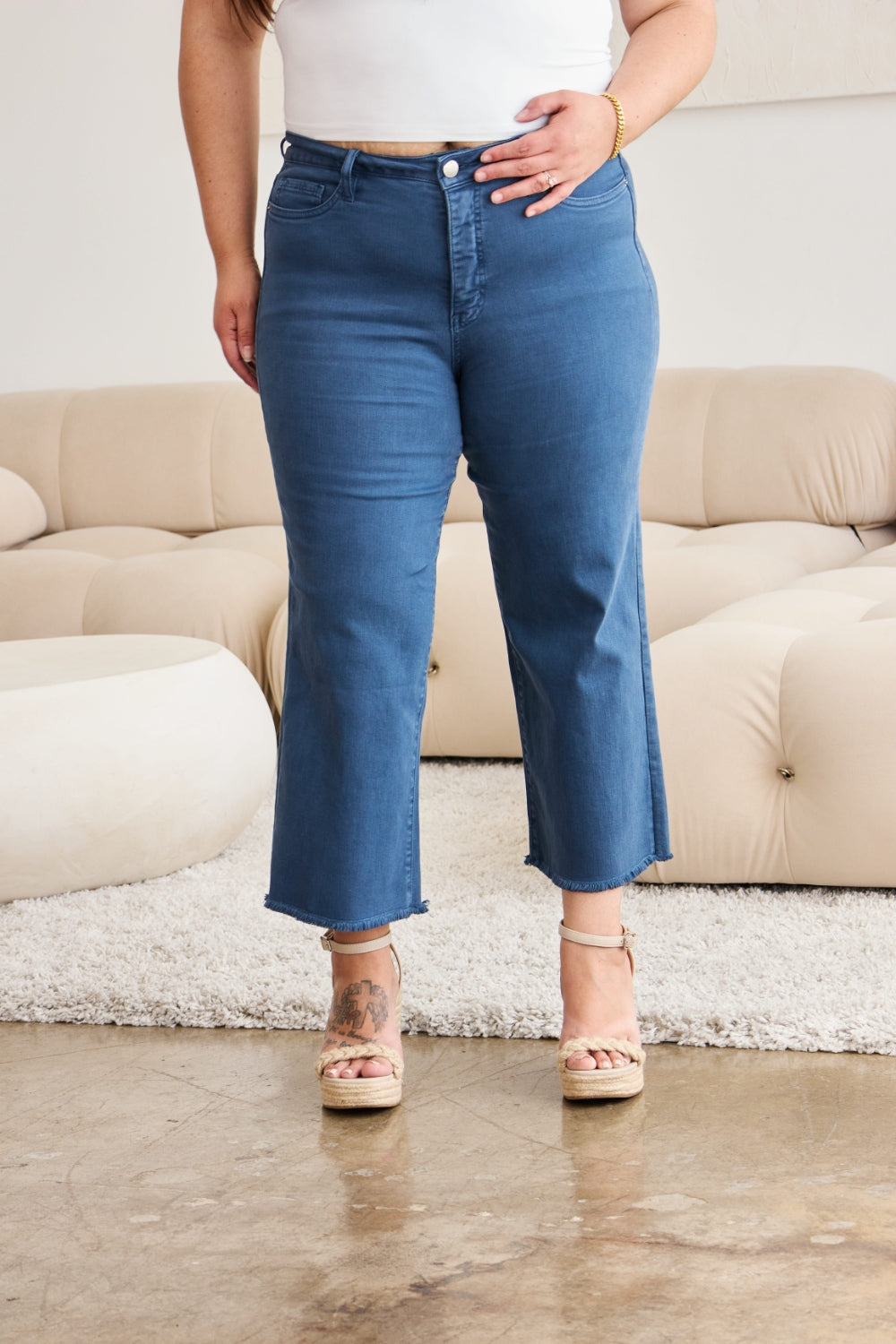 RFM Crop Chloe Full Size Tummy Control High Waist Raw Hem Jeans - The Goddess Galleries
