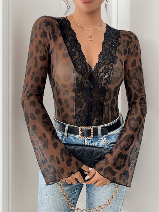 Perfee Leopard V-Neck Lace Bodysuit - The Goddess Galleries