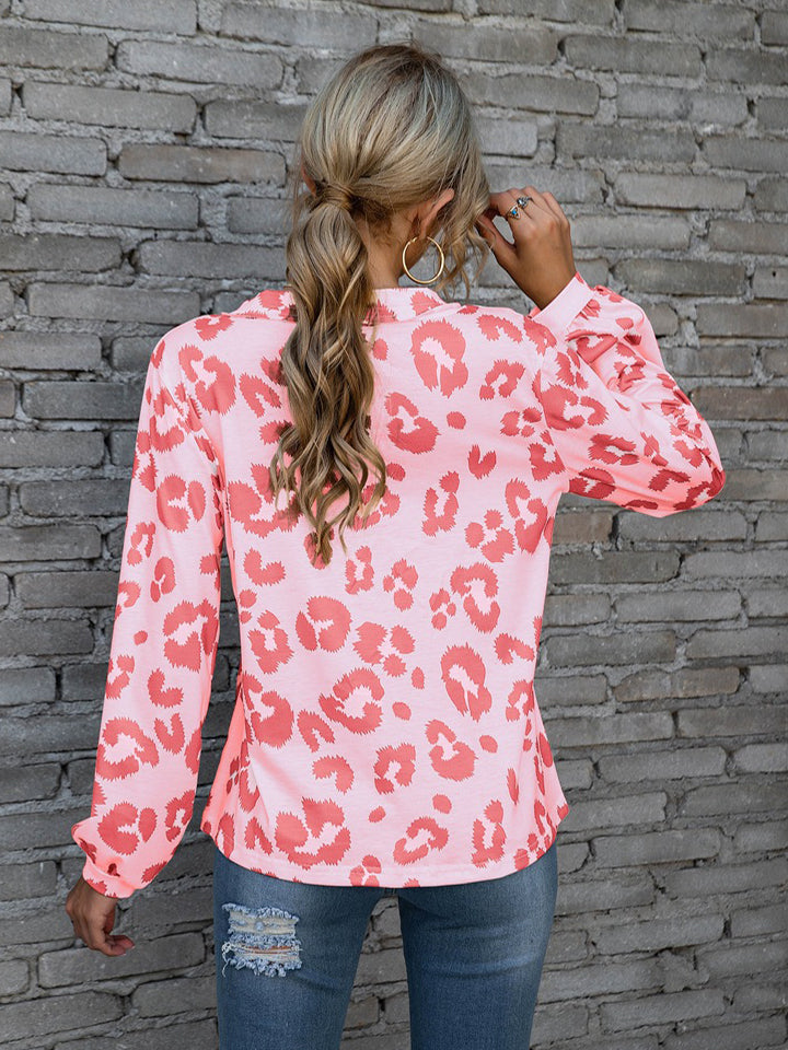 Leopard V-Neck Decorative Button Long Sleeve Blouse - The Goddess Galleries