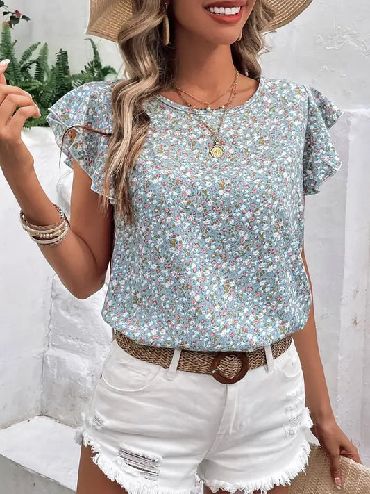 Ditsy Floral Round Neck Cap Sleeve Top - The Goddess Galleries