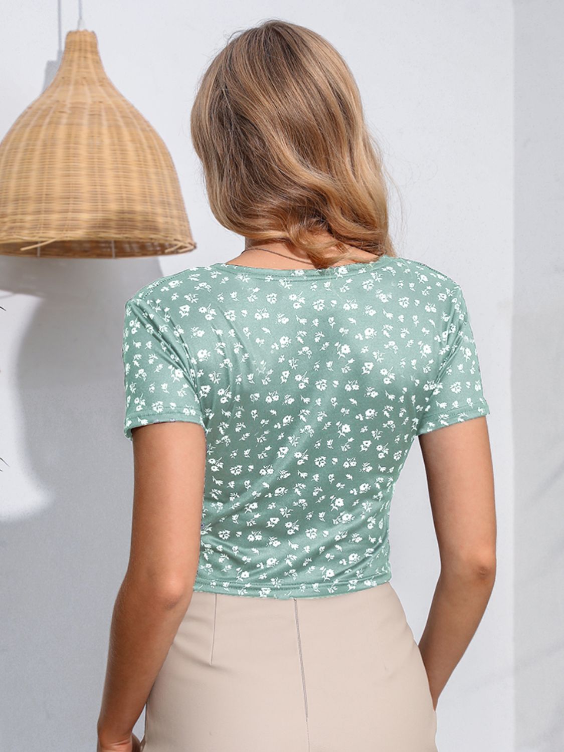 Floral Surplice Neck Short Sleeve Top - The Goddess Galleries