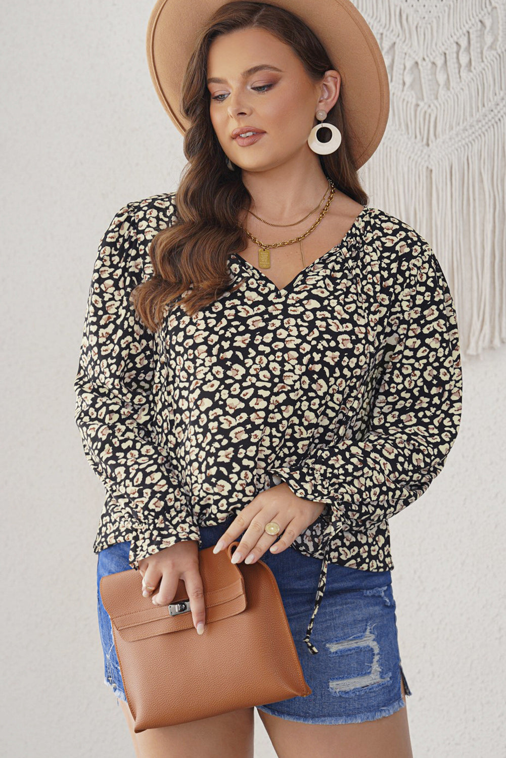 Plus Size Floral Flounce Sleeve Tie-Neck Blouse - The Goddess Galleries