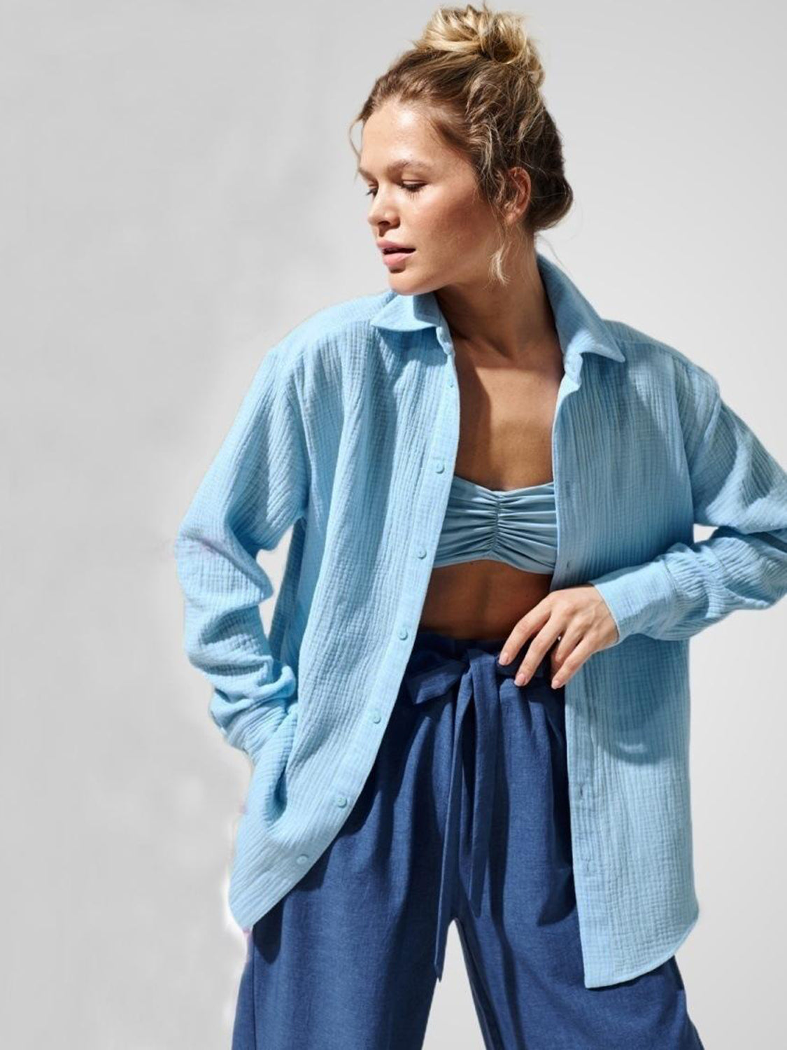 Textured Collared Neck Long Sleeve Shirt - The Goddess Galleries